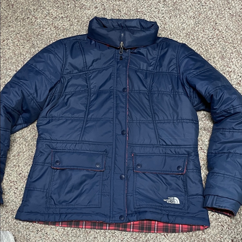 The North Face reversible Women's Dark Blue/red plaid Puffer Jacket
